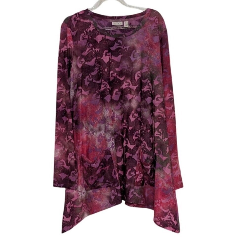 LOGO Lori Goldstein Tilde Tunic Womens Size Large Purple Stretch Long Sleeve